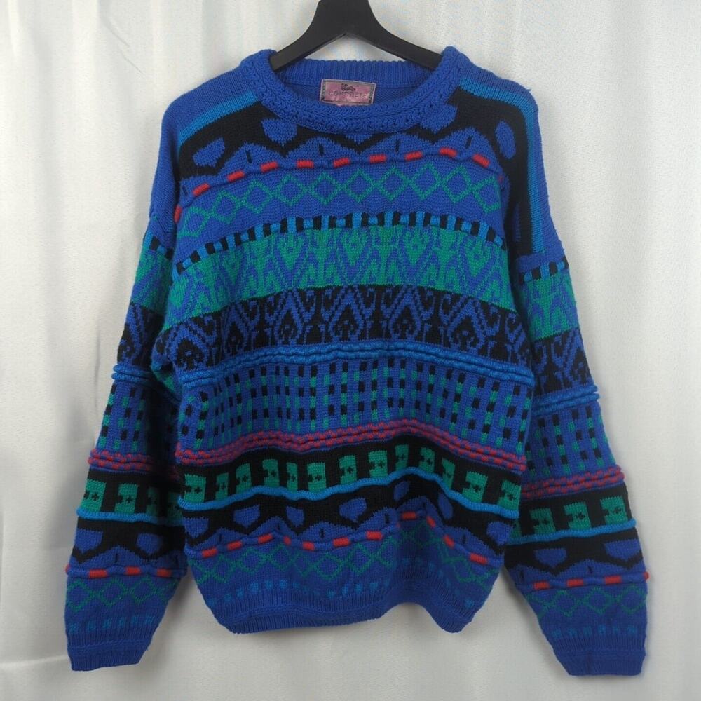 Concrete Mix Sweater Mens Size L Vintage Crew Neck Knit Pullover‎ Blue Green Red